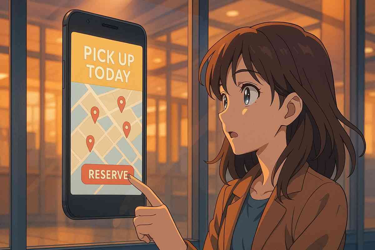 Golden-hour storefront with phone map—“PICK UP TODAY” and RESERVE button—same-day Apple Store pickup discovery, spark of joyful urgency
