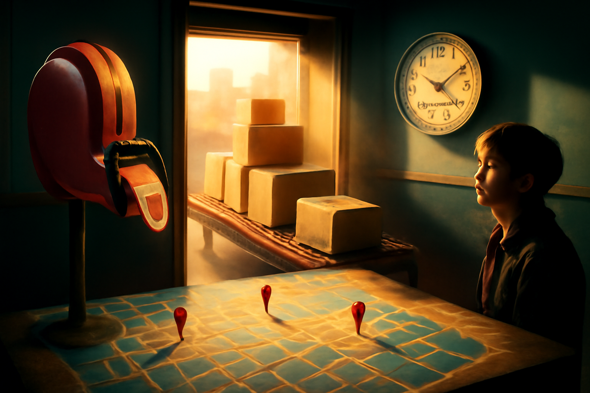Whimsical retail queue scene—ticket dispenser, map pins, ticking wall clock, incoming boxes—patience and anticipation for delivery, tender hopeful vibe