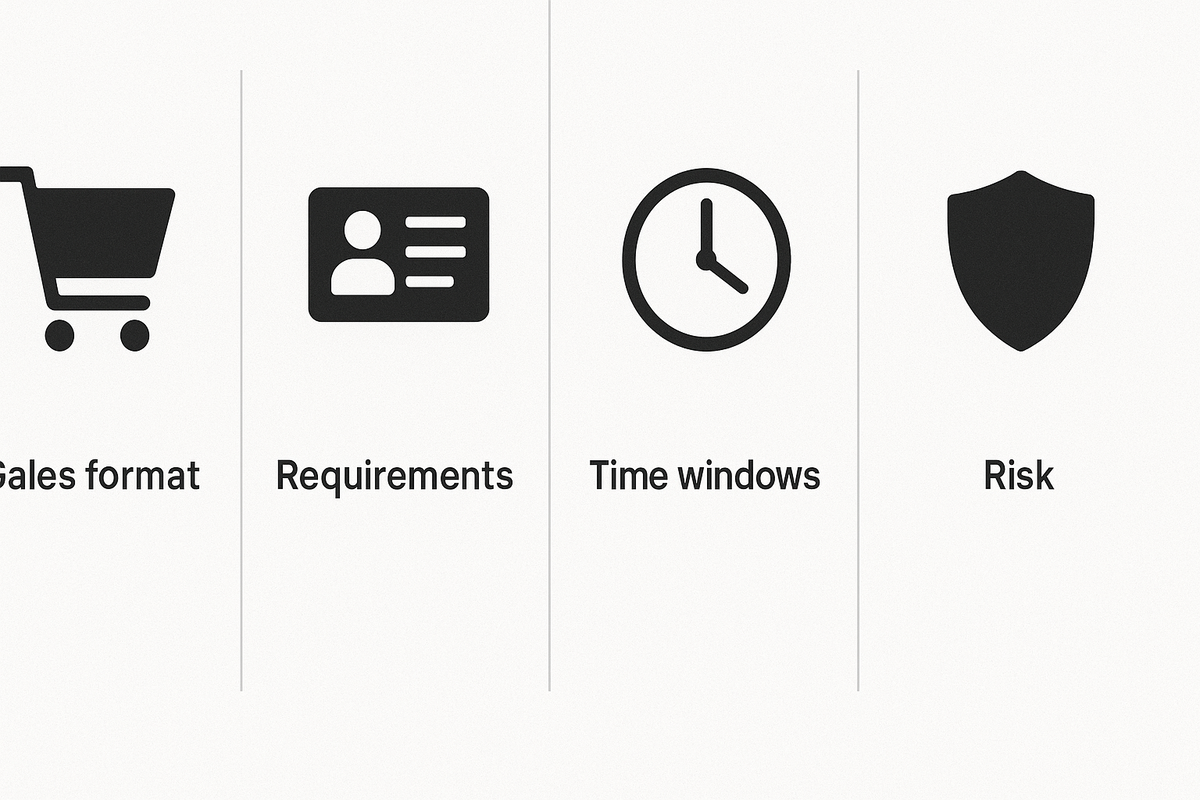 Minimal icon grid—cart, ID card, clock, shield—clean side-by-side comparison of sales format, requirements, time windows, and risk—decisive, no-nonsense visual for spec table section