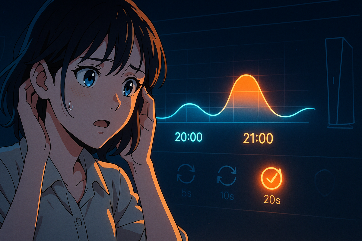 Anime-style shopper under glowing curve peaking at 21:00—refresh cadence 5s/10s/20s shown—sweaty-palms urgency, wave strategy vibes for “Friday night golden hour” analysis