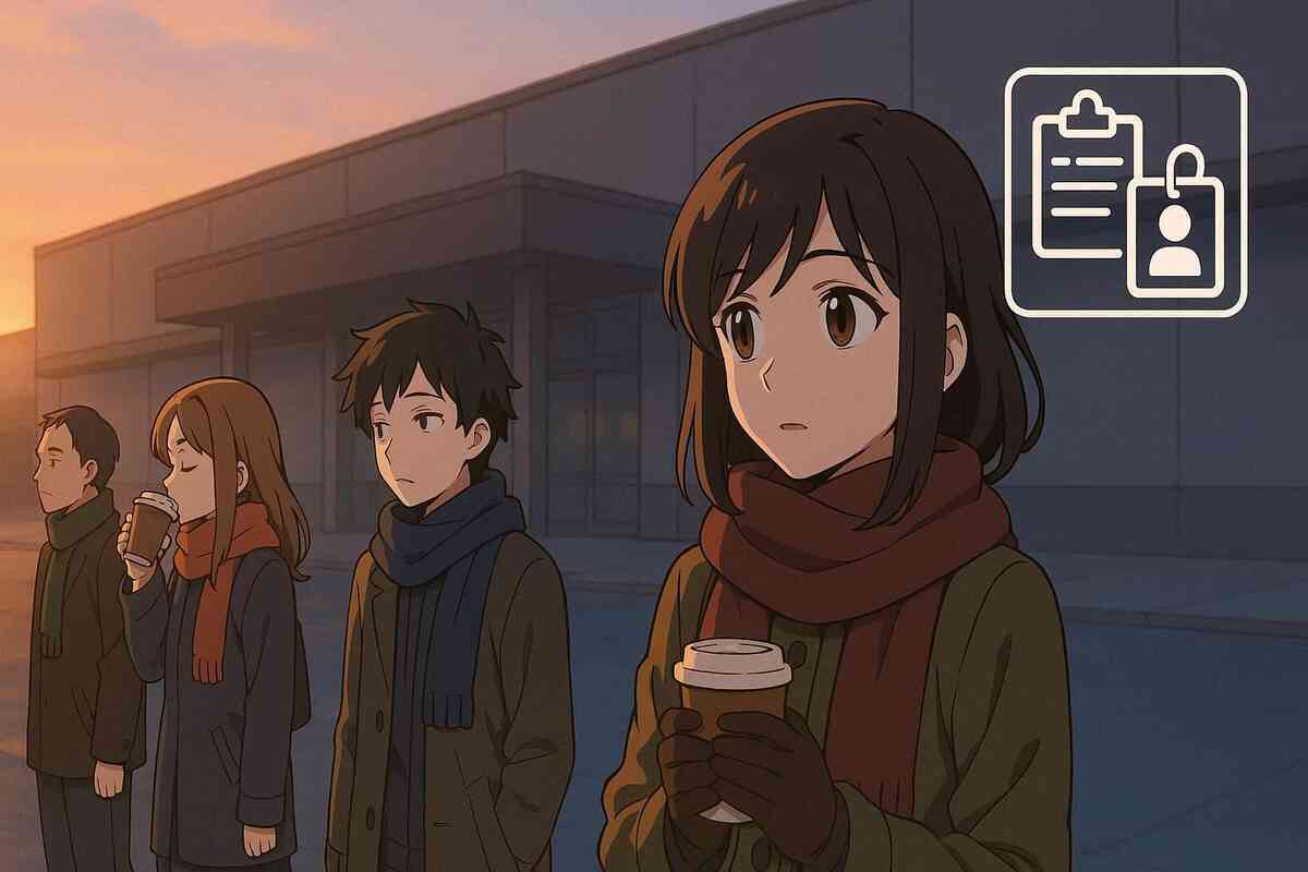 Dawn queue outside electronics store—people in scarves holding coffee, ID/clipboard icon floating—calm but determined mood for Yodobashi in-person guerrilla restock guide