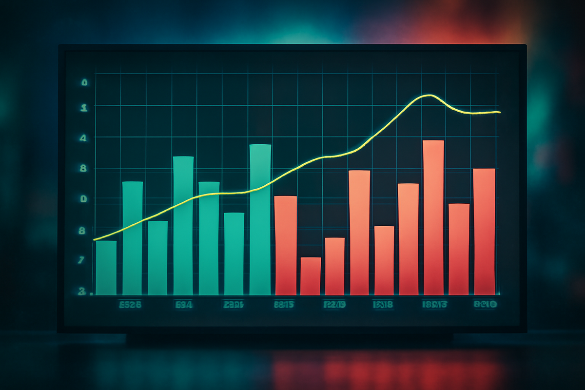 Teal-vs-red bar chart with bright trend line—week-by-week hit rate and stock duration contrasted—data-driven verdict, crisp momentum feeling for four-week results section