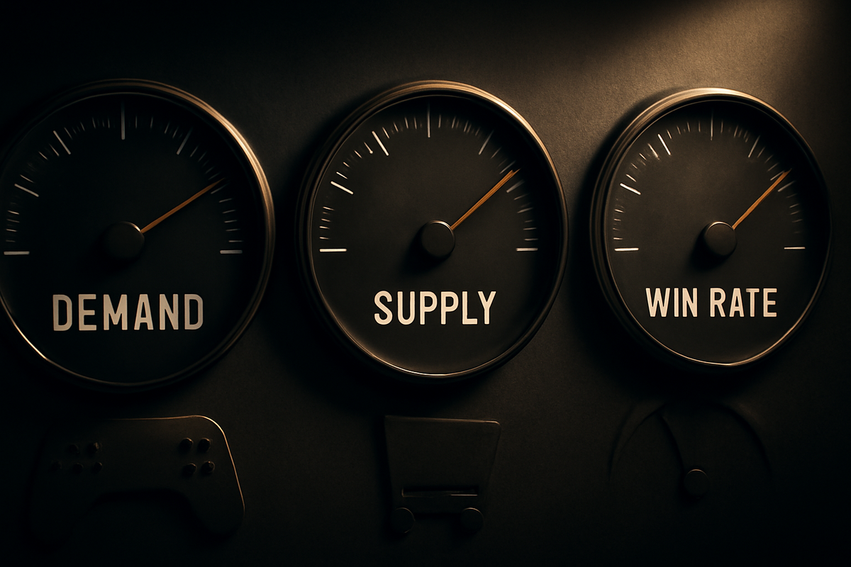 Three big gauges labeled DEMAND / SUPPLY / WIN RATE with subtle gamepad and cart icons—odds calculator aesthetic, cool tactical focus for “multipliers and success rate” chapter