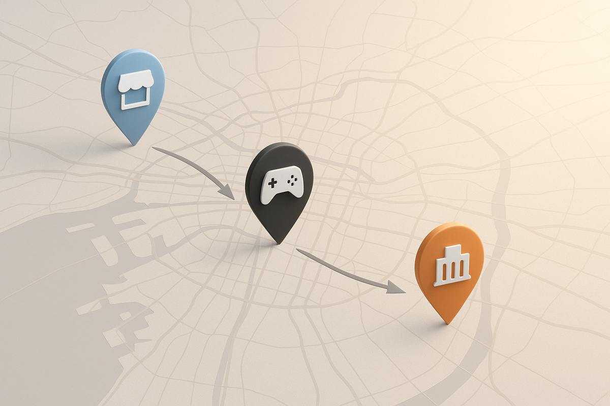 Minimal city map with three route pins—shop → game pin → mall—clean arrows showing the fastest Osaka store-hopping path to secure Switch 2 today