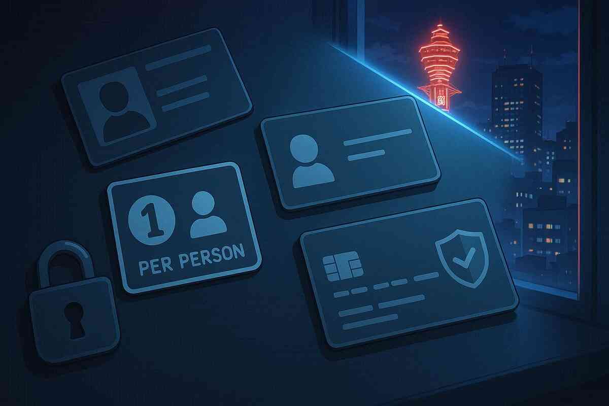 Eligibility flat lay by the window—ID card, 1-per-person badge, credit check shield, padlock—Osaka night glow reminding strict anti-resale rules