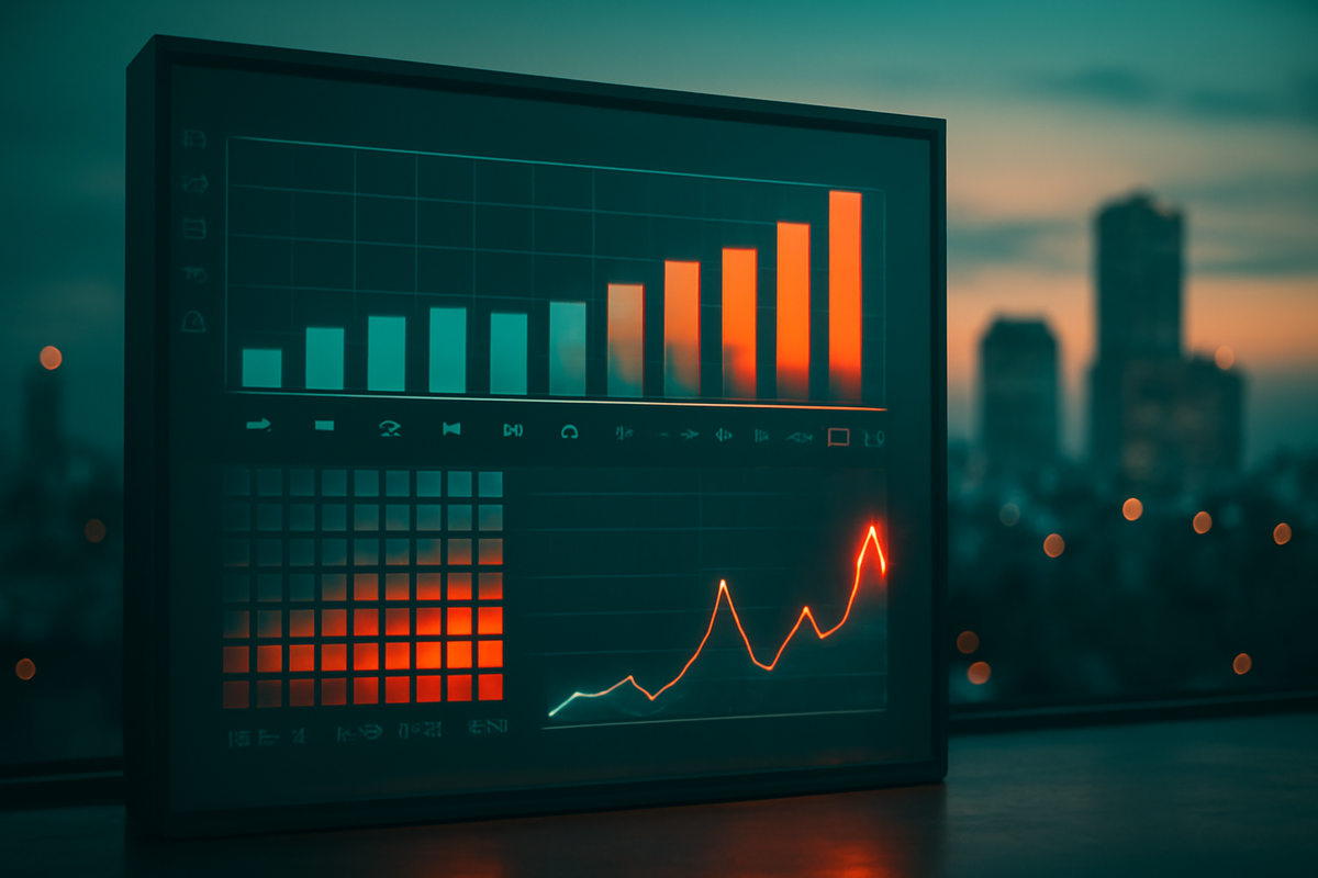 Sunset-lit analytics dashboard—bar chart rising, heat tiles, sharp line spikes—weekly Osaka restock cadence visualized for timing the perfect run