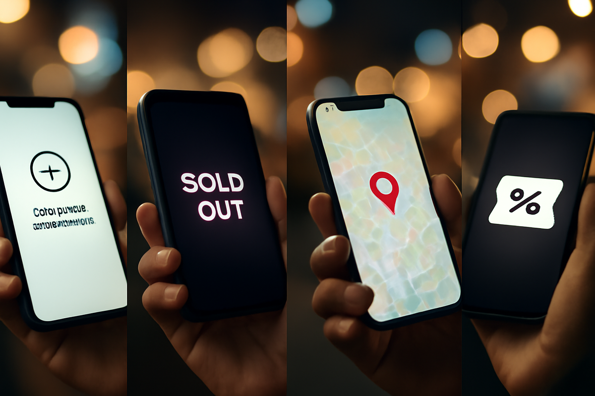 Hand-held phone collage—add item, SOLD OUT, red location pin, percent perk—thrilling chase from alert to checkout for Switch 2 in Osaka streets