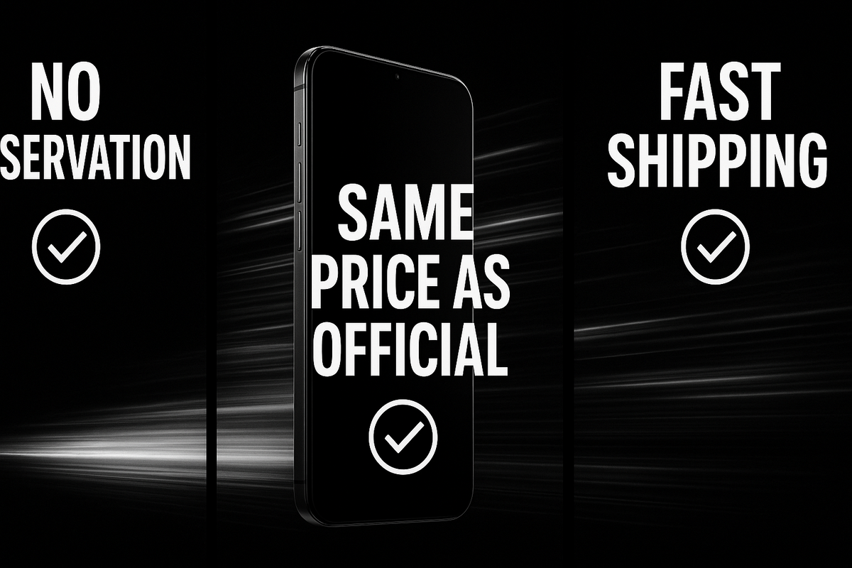 Bold black triptych—NO RESERVATION, SAME PRICE AS OFFICIAL, FAST SHIPPING around a sleek phone—trustworthy, no-hassle promise with speed and relief