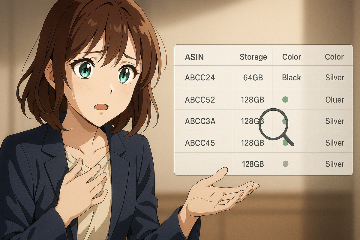 Anime-style shopper checking an ASIN table—storage, color dots, magnifier—careful verification vibes, smart pick confidence, heartbeat of certainty