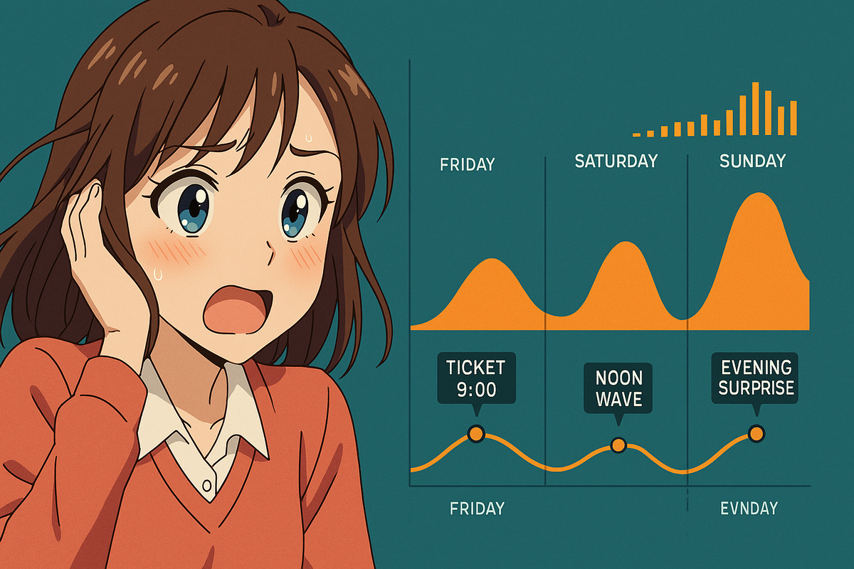 Weekend surge timeline beside a anxious shopper—Friday ticket 9:00, noon wave, evening surprise—spiking chance curve that screams “go now”