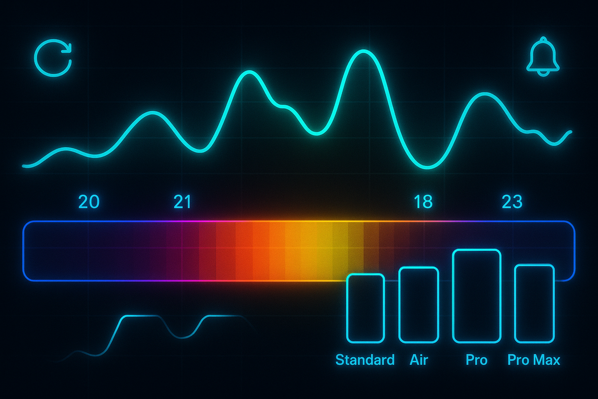 Neon restock heatmap and peaks by hour—20–23 hot zone—plus model bars (Standard, Air, Pro, Pro Max) and alert icons; data-driven guide to the best time to catch an iPhone 17 drop, FOMO-charged