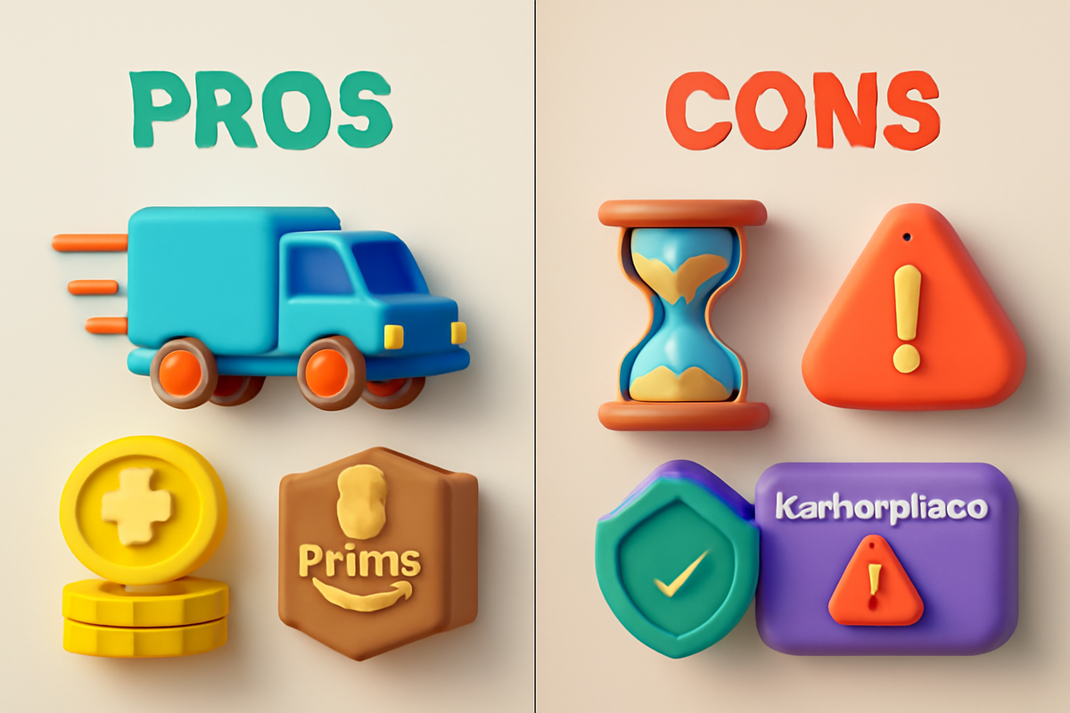 Playful clay-style PROS vs CONS board—fast truck, coin rewards, member badge vs hourglass delays and marketplace risk sign; honest snapshot of Amazon-style buying upsides and pitfalls, reassuring yet cautionary