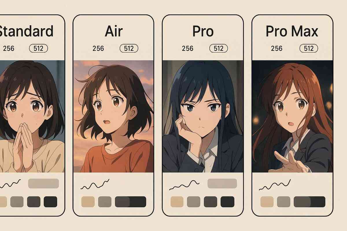 Side-by-side model cards—iPhone 17 Standard, Air, Pro, Pro Max—with 256/512 capacity chips, color swatches, and expressive faces; at-a-glance chooser for which variant fits you, hopeful comparison mood