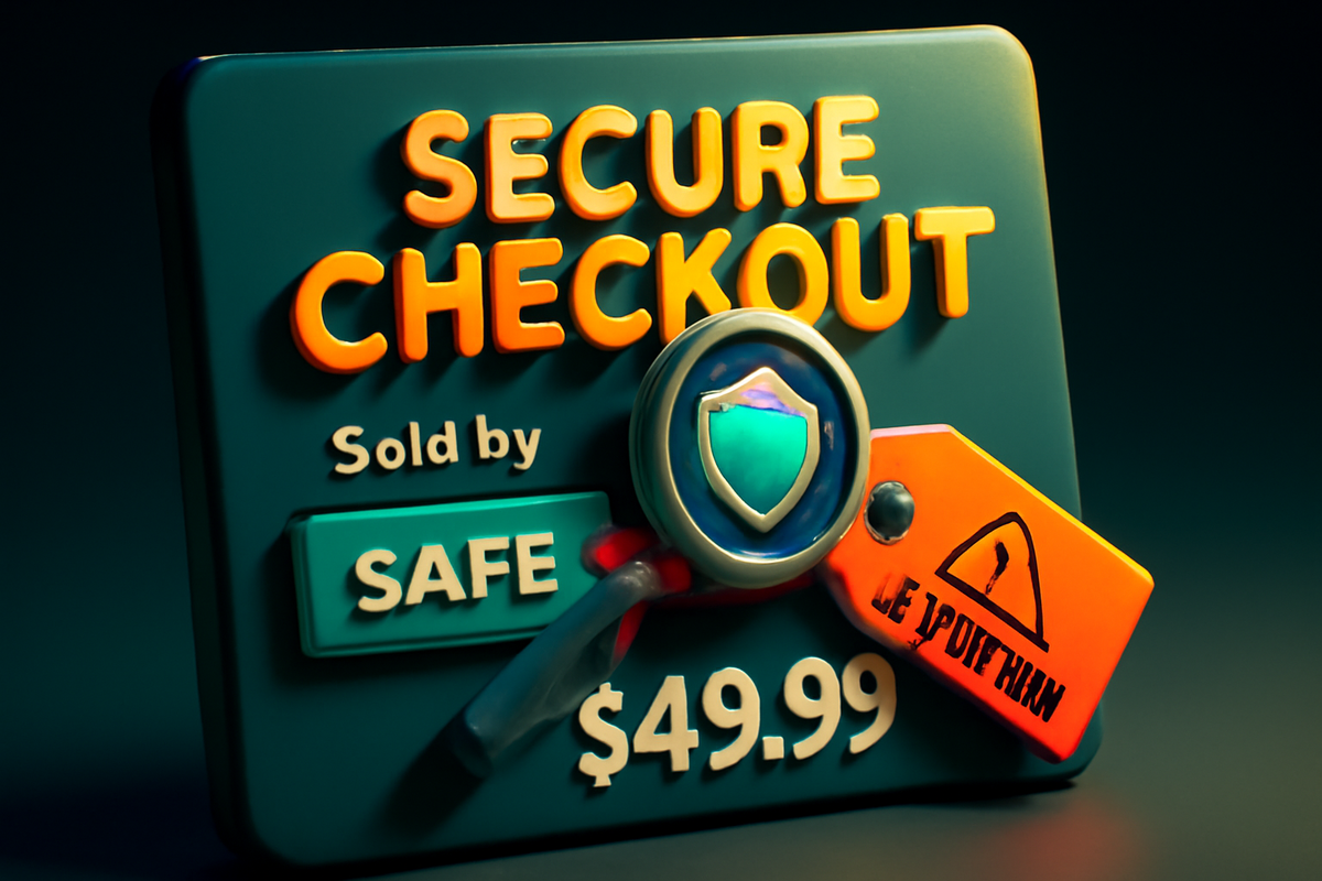 Secure checkout badge with shield and magnifying glass over “Sold by” field and warning tag; trust check before paying—verify official seller, dodge scalpers—calm, safety-first emotion