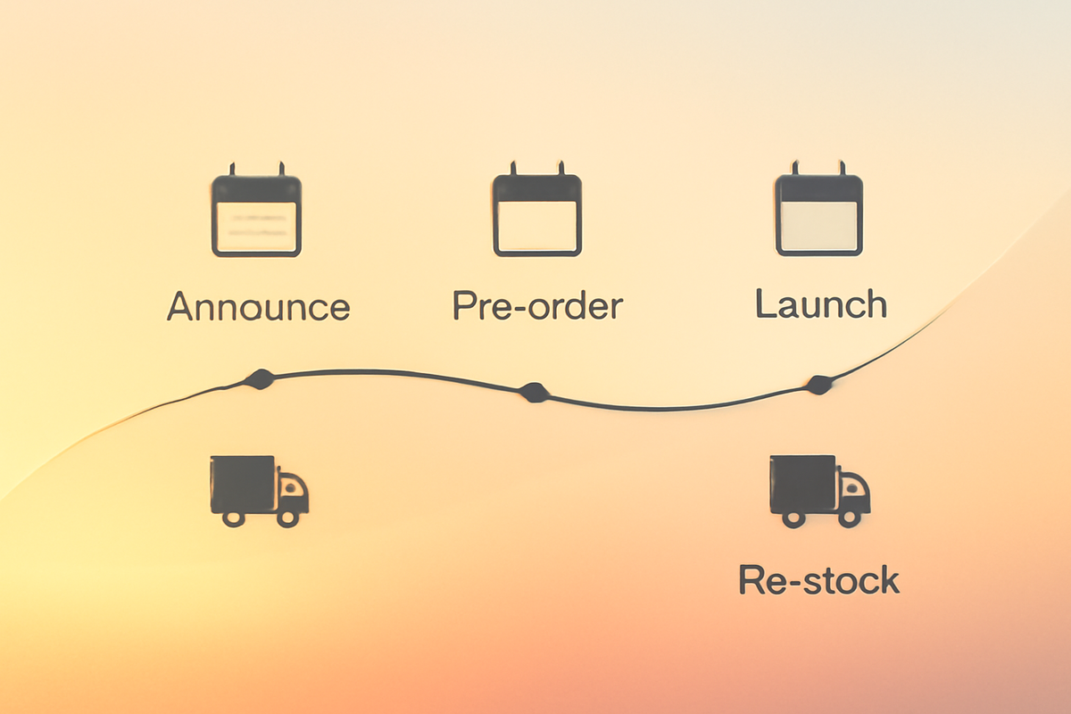 Golden-hour timeline—Announce → Pre-order → Launch—minimal icons on a sunset horizon; clear roadmap of iPhone 17 release milestones, anticipatory glow and countdown excitement