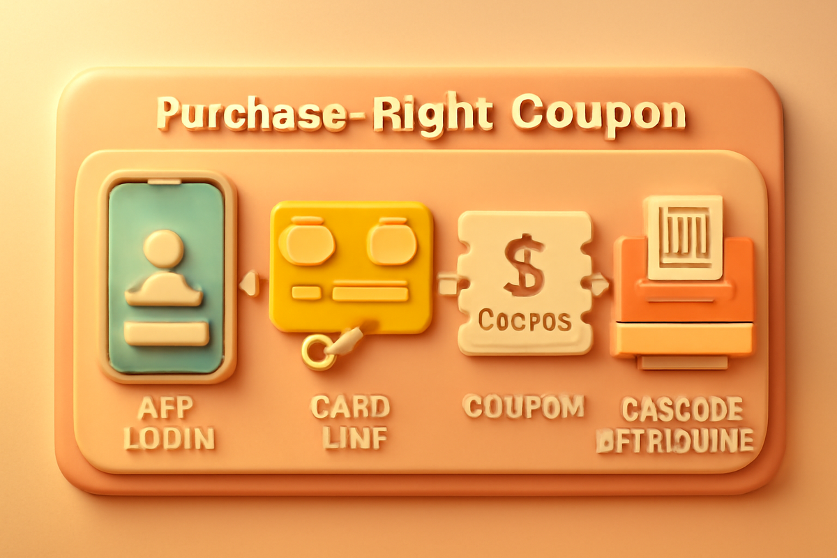 Clay-style flowchart “Purchase-Right Coupon” — app login → card link → coupon issuance → barcode at register—soft, friendly, step-by-step guide that whispers easy victory and安心感