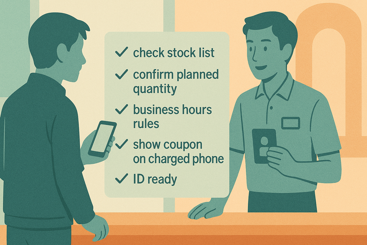 Customer at counter with checklist—check stock list, confirm quantity, business-hours rules, show coupon on a charged phone, ID ready—calm, practical walkthrough that turns chaos into confident purchase