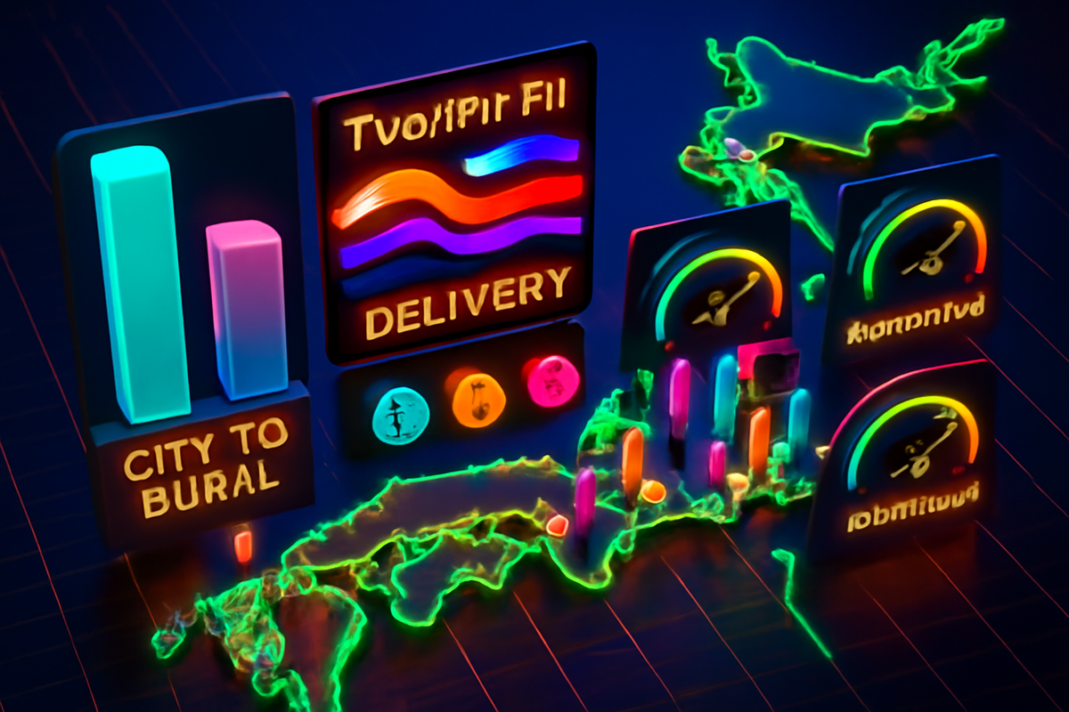 Neon Japan map with city-vs-rural bars, delivery waves, and performance dials—regional stock dynamics at a glance, glowing data that guides where to line up and win