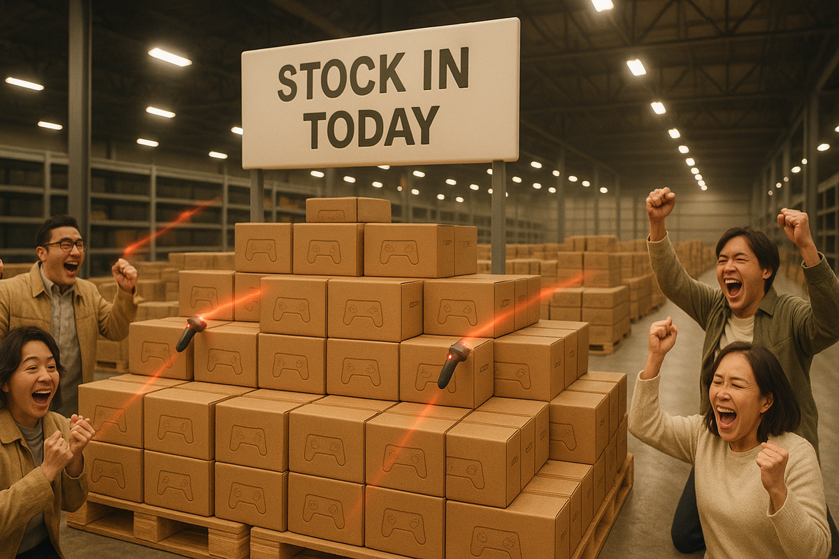 Warehouse restock frenzy—tower of unbranded console boxes, “STOCK IN TODAY” sign, barcode beams flashing, friends screaming with joy—record-breaking supply, thrilling comeback energy
