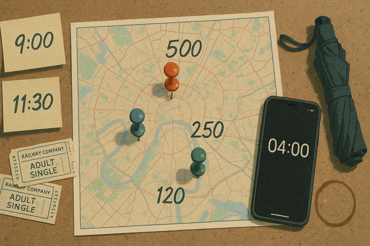 Tactical city map with pins labeled 500/250/120, sticky notes 9:00 and 11:30, train tickets, phone alarm at 04:00—gritty planning, data-driven route to victory, determined pre-dawn hustle