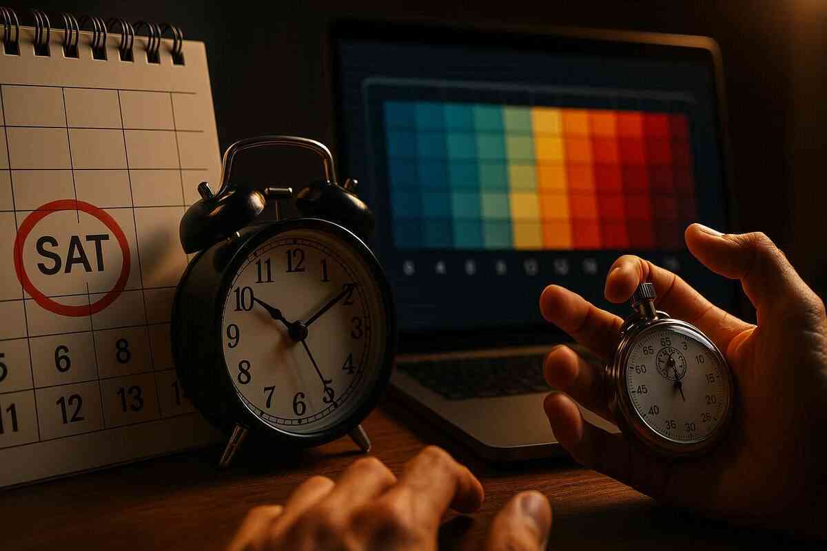 Saturday circled on a desk calendar, alarm clock and stopwatch in hand, laptop heatmap glowing—time-sensitive strategy, heart-pounding countdown, golden purchase window insight