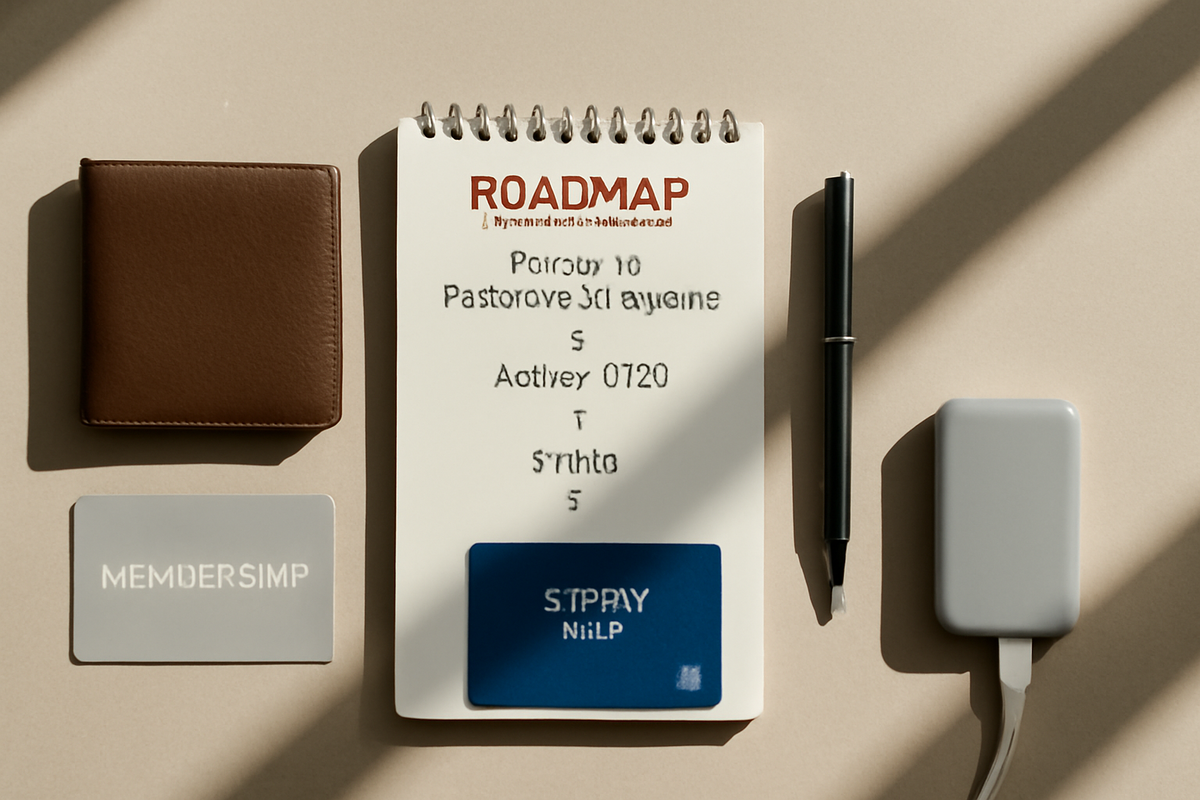 Clean flat-lay “Roadmap” checklist—wallet, generic membership ID, pen, portable battery—calm confidence, ready-to-go essentials for a smooth, no-stress purchase journey