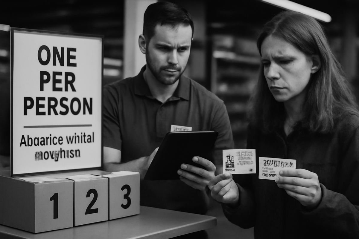 Monochrome checkpoint—“ONE PER PERSON” sign, staff verifying photo ID and ticket on a tablet—firm yet fair anti-resale control, trust-building transparency at the counter