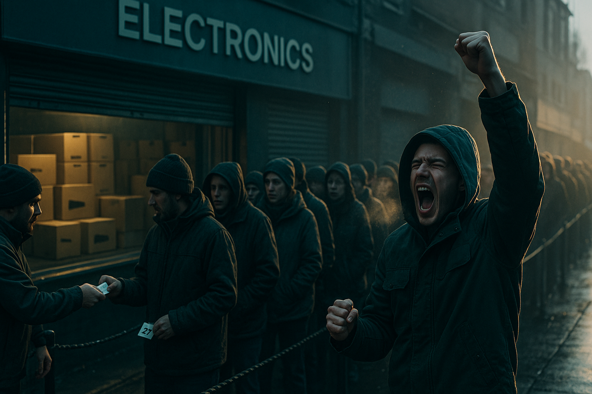 Pre-dawn queue outside an electronics store—numbered tickets handed out, breath in the cold, boxes stacked in the window, one shopper roaring with a fist-pump—guerrilla restock, raw joy, urgent hope