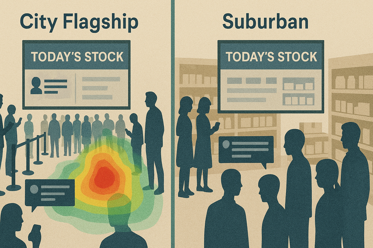 Side-by-side report—City Flagship vs Suburban—“Today’s Stock” boards, crowd heatmap on one side and calmer floor on the other—smart store choice, data-driven confidence