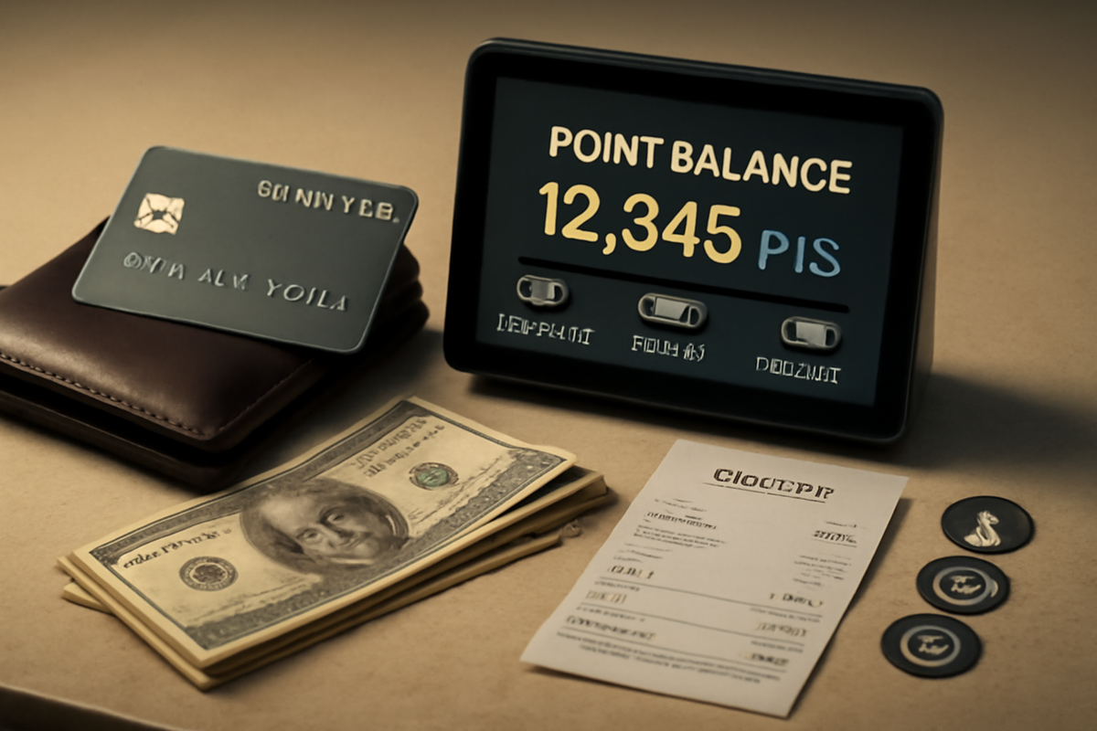 Transparent checkout close-up—wallet, generic card, cash, receipt, points balance on a small screen with installment and warranty toggles—smooth payment options, reassuring control