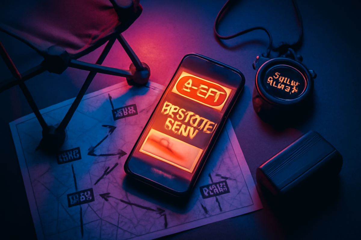 Real-time hunter toolkit—phone glowing with alert banners, stopwatch countdown, folded route map with arrows, compact chair and power bank—tactical urgency, adrenaline-charged readiness