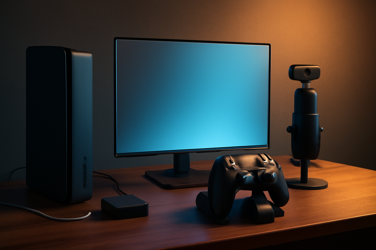 Cozy gaming desk after purchase—next-gen console dock, clean monitor, pro controller on a stand, USB mic and wired adapter—day-one bliss, warm glow, ready-to-stream excitement