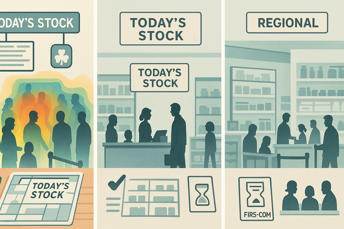 Three-way store comparison—city flagship with crowd heatmap, standard floor, and regional branch—“Today’s Stock” boards, lottery vs first-come icons—data-savvy strategy, choose-your-battle confidence