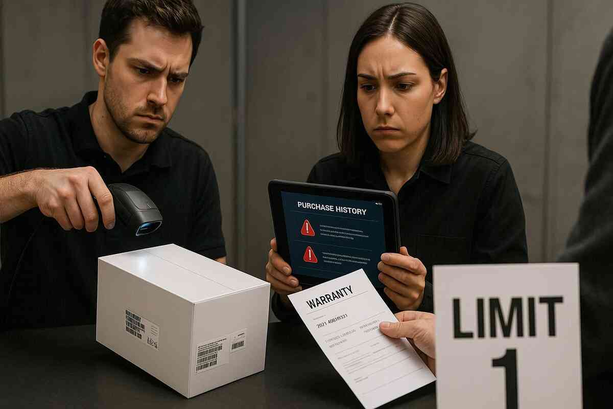Anti-resale checkpoint—box serial scanned, tablet flashing purchase-history warnings, warranty form, “LIMIT 1” sign—strict but fair enforcement, zero-flip stance, tense honesty