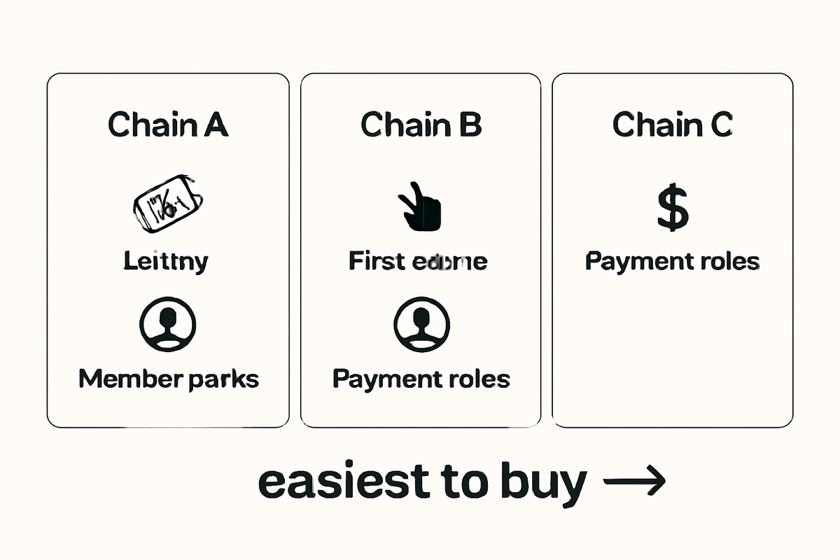 Group comparison tiles—Chain A / Chain B / Chain C perks, lottery vs first-come, payment rules—arrow to “easiest to buy”—decisive overview, shopper-friendly clarity, winning-route vibes