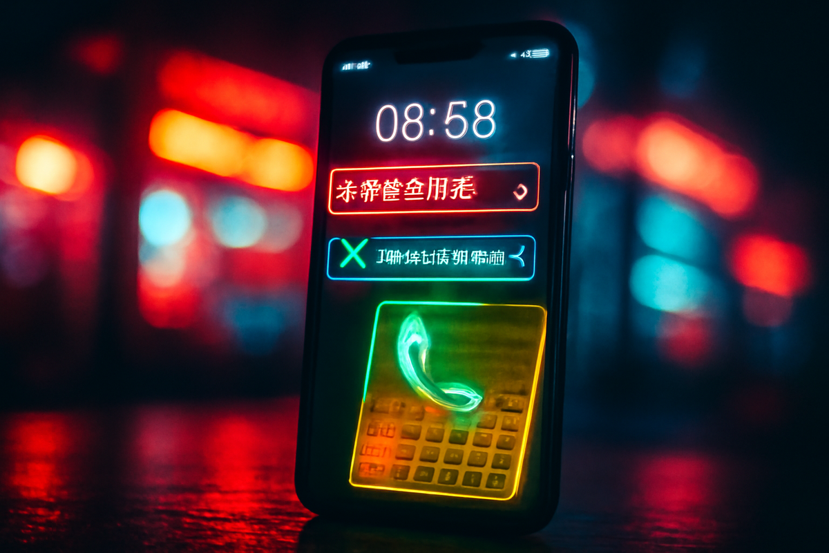 Neon smartphone at 08:58—push alerts blazing and call icon glowing against rainy night bokeh—restock ping, adrenaline rush, don’t-miss-the-drop urgency