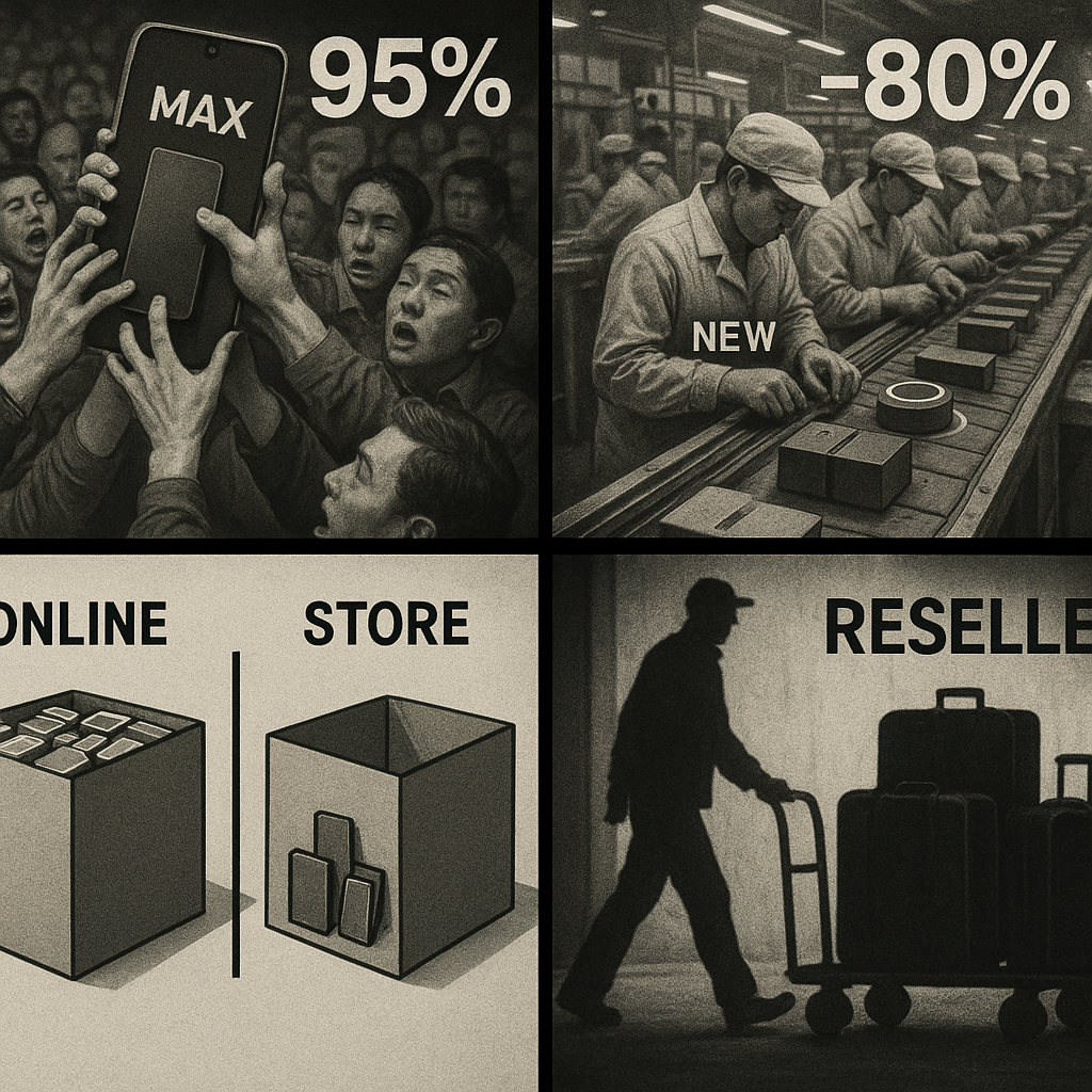 Four-cause collage—crowd frenzy for MAX model (95%), factory yield slowdown on new parts, ONLINE vs STORE split, shadowy reseller cart—why supply collapses, gritty realism, high-stakes pressure