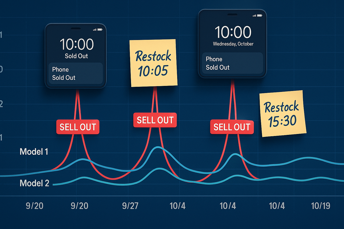 Launch-to-restock timeline—spiking SELL OUT markers, sticky notes “Restock 10:05 / 15:30,” notification tiles on a deep-blue chart—heartbeat pacing, actionable rhythm, hopeful rebounds