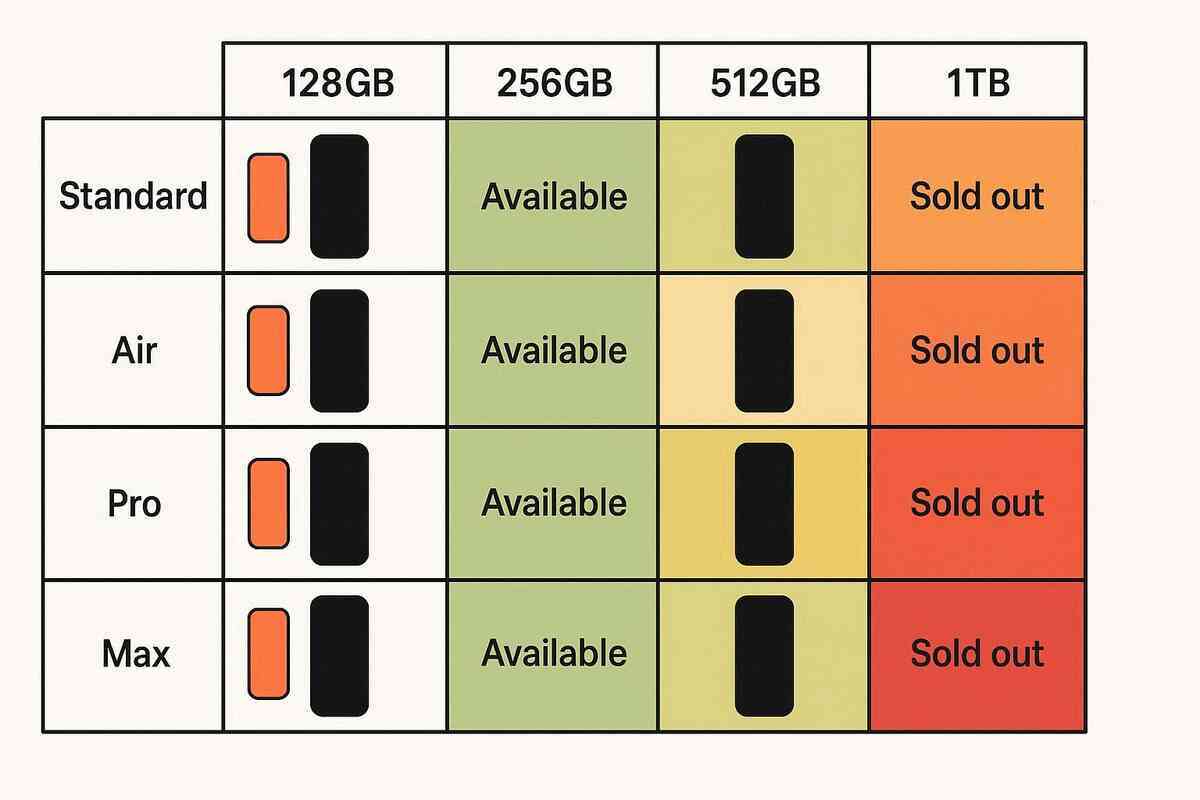 Model–color–capacity matrix—rows for Standard/Air/Pro/Max, columns 128–1TB, cells from green “Available” to red “Sold out,” cosmic-orange swatch glowing—clarity at a glance, decisive choice energy