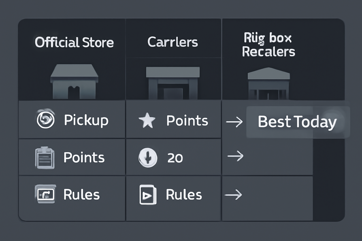Channel showdown grid—Official Store / Carriers / Big-box lanes with icons for pickup slots, points, and rules; highlight “Best Today” arrow—clear pathfinding, confident comparison, buy-now momentum