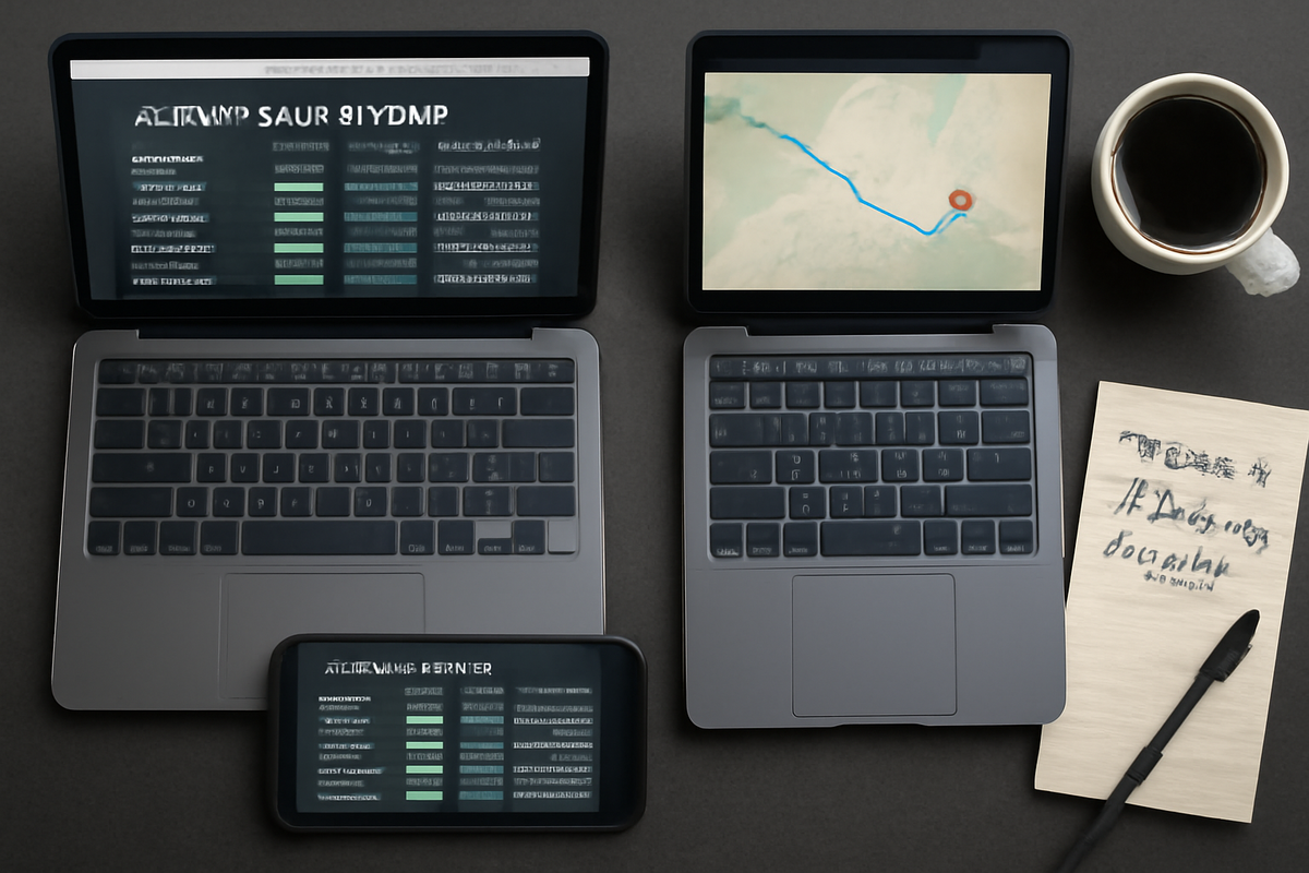 Tactical command flat lay—two laptops and a phone tracking alerts, store-route map, checklist and coffee—multi-channel reservations, calm control under pressure, victory-is-close focus