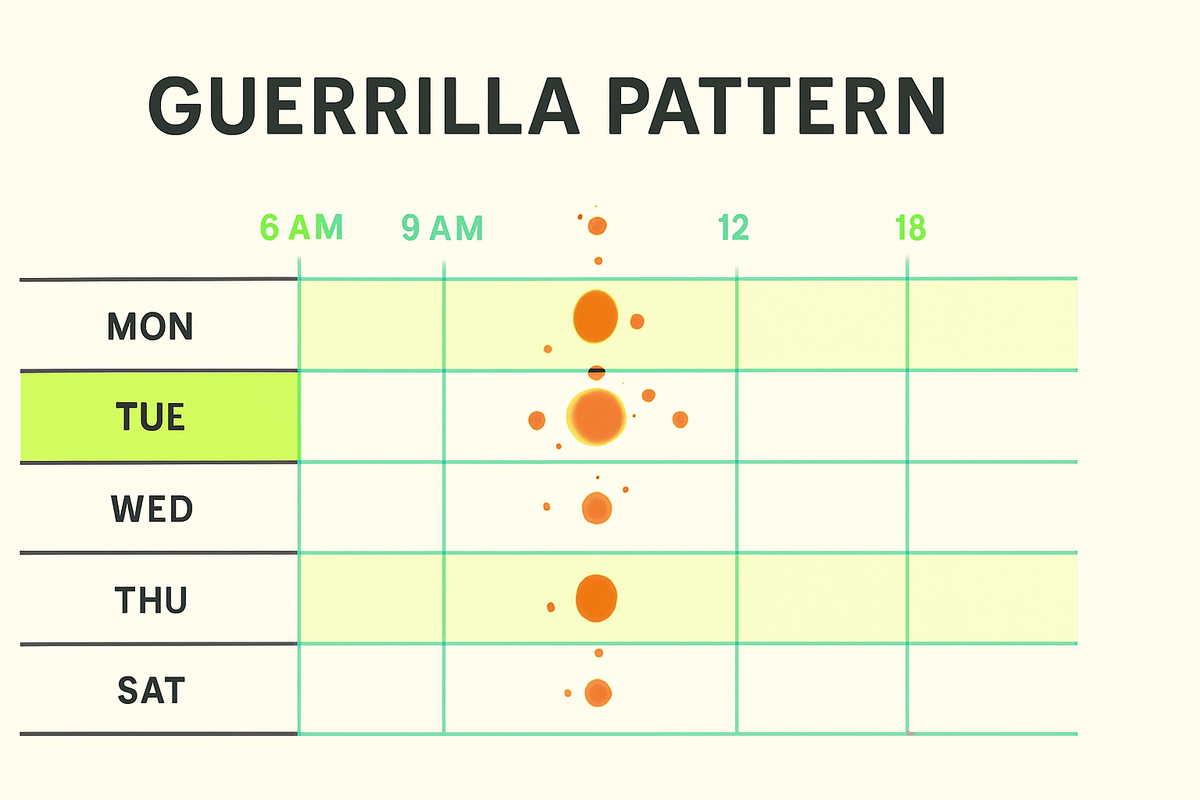 Clean weekday heat-map—guerrilla sale pattern spiking on Tuesday around 9–11 AM and 2 PM—glowing dots on a minimal grid, urgency and hope for surprise restocks