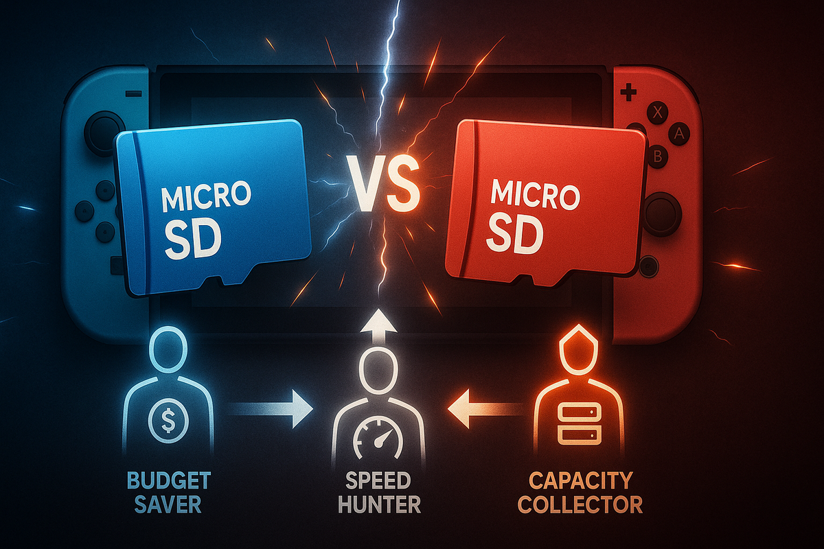 Which card fits you—budget, speed, or massive capacity—head-to-head visuals guiding every player to the perfect microSD for Switch-class gaming, confident and empowering.