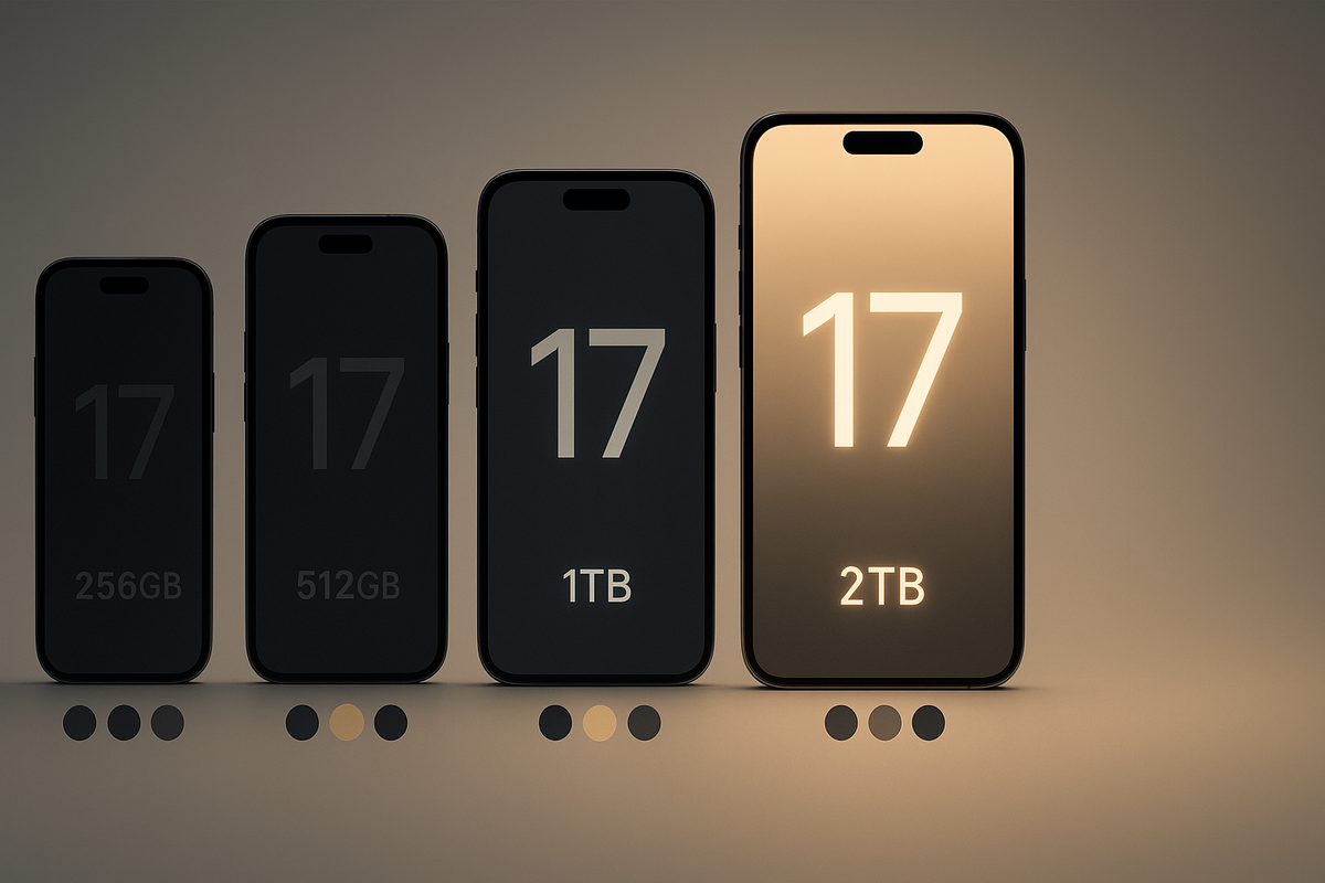 Lineup of four smartphones labeled 256GB, 512GB, 1TB, 2TB with subtle color dots—scarcity versus abundance visual, luminous highlight on larger storage, calm studio elegance with decisive intent