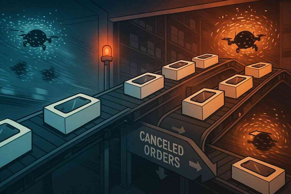 Warehouse conveyor feeding phone boxes back from “Canceled Orders,” abstract bot swarms and warning light—mechanism of restocks revealed, gritty suspense, behind-the-scenes urgency