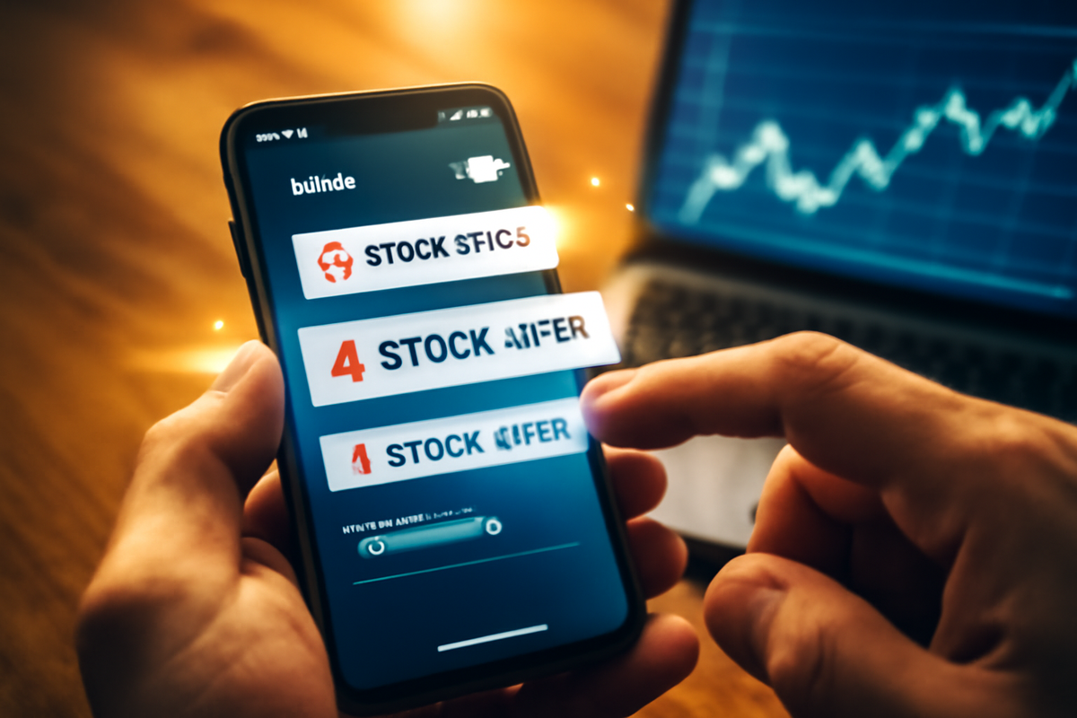 Close-up of hands enabling stock alerts on a phone with a rising chart on laptop—notifications ON, instant-buy readiness, crisp focus, empowering and action-oriented vibe