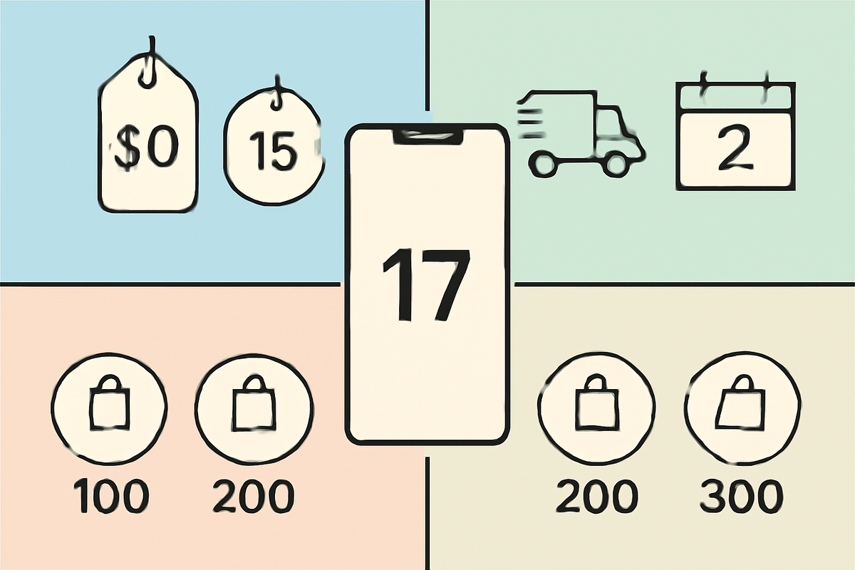 Simple retailer comparison grid—price tags, delivery truck, calendar, and rewards around a clean smartphone icon—clear value at a glance, rational yet hopeful savings energy