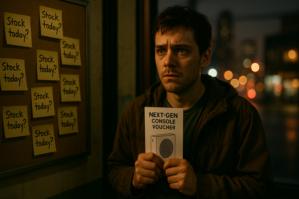Anxious shopper clutching a “next-gen console” voucher beside a bulletin board covered with “Stock today?” notes—TSUTAYA Switch 2 restock tension, rainy-night bokeh, fear of missing out, urgent hope