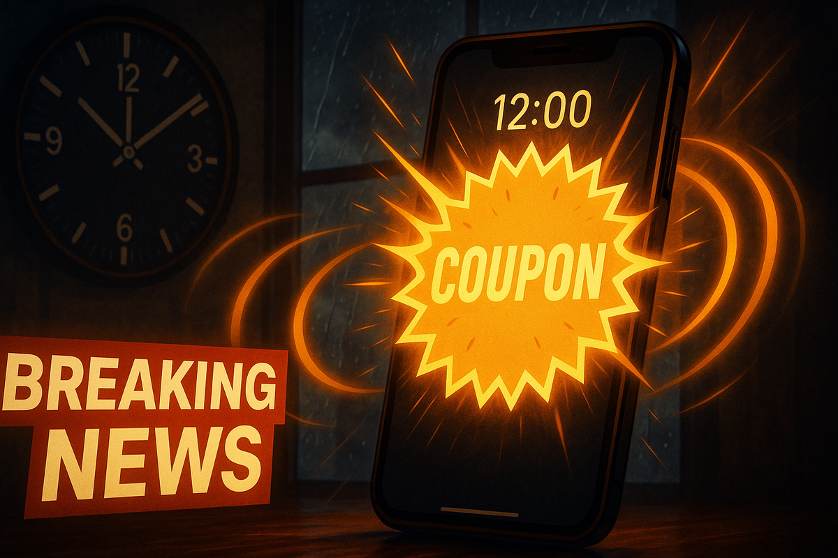 12:00 coupon alert exploding from a smartphone—Kids Republic lottery results LIVE now, breaking-news urgency, rainy-night adrenaline, don’t-miss FOMO