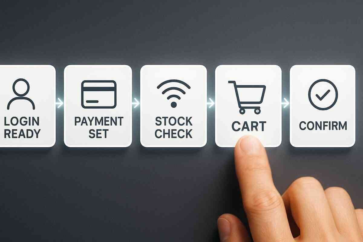 Finger pressing a luminous CART tile in a five-step lane—login → payment → stock check → cart → confirm—action-ready path to secure a scarce console